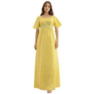 Vintage 60s Women's Small Yellow Chiffon Empire Waist Prom Dress Mint Ribbon